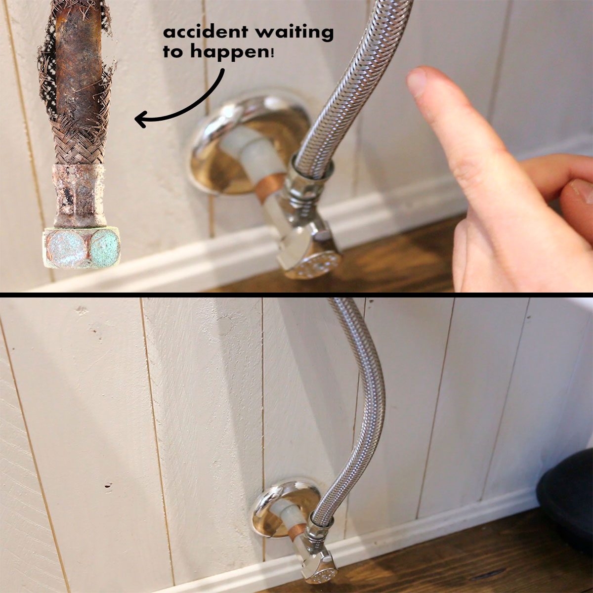 A damaged water hose connects to a wall fitting, while a hand points at it, warning of a potential hazard in a home setting.