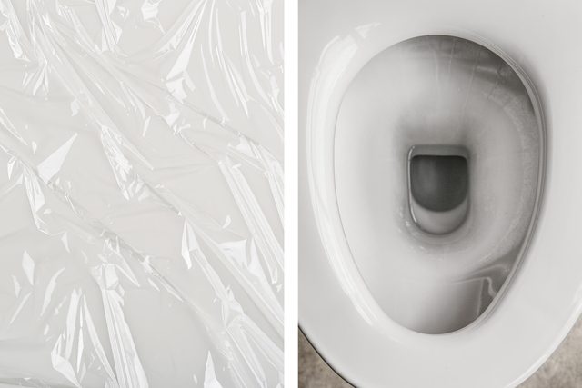 A wrinkled clear plastic sheet lies on a flat surface, while a top-down view of a clean white toilet bowl is nearby, contrasting with the plastic.