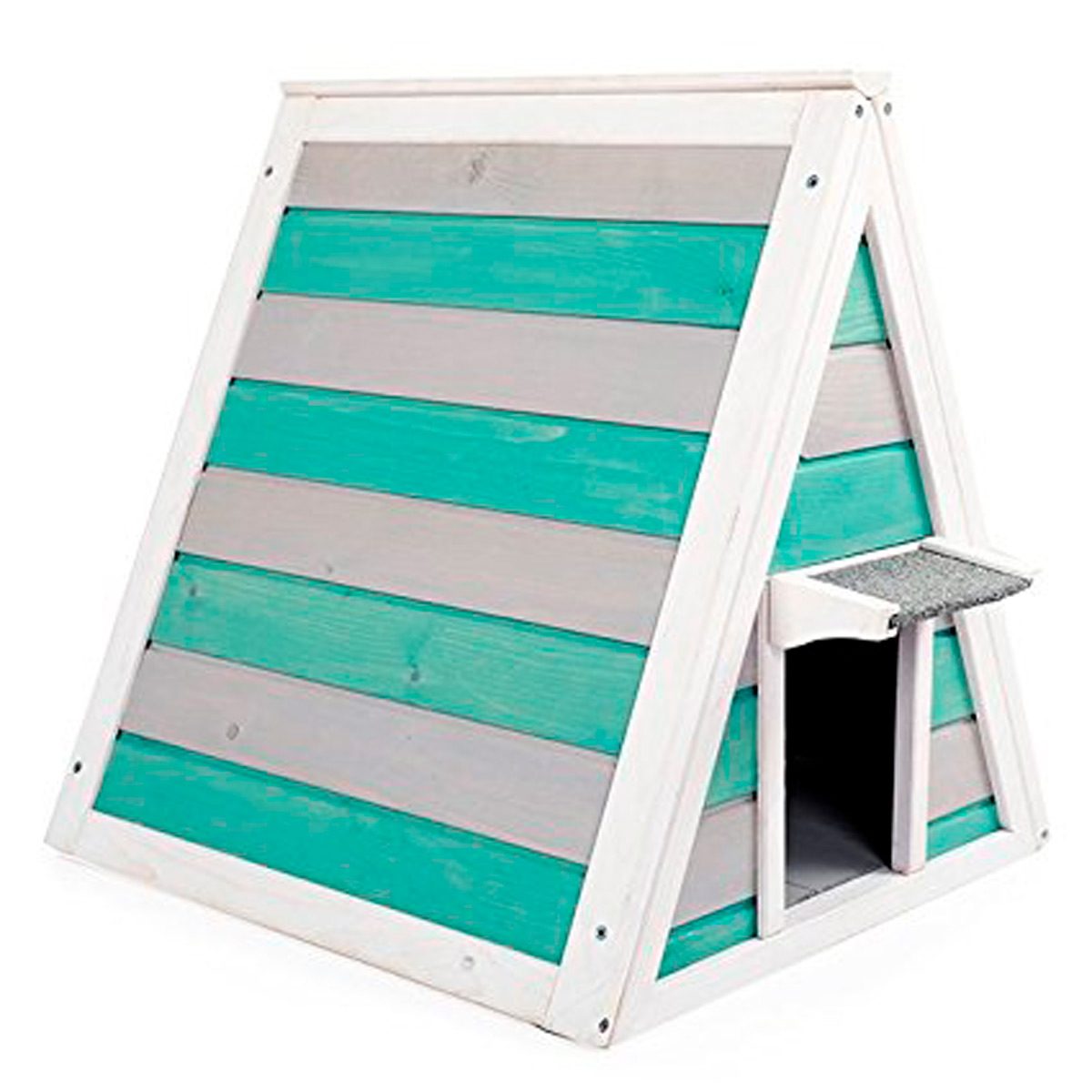 A wooden dog house, shaped like an a-frame, features alternating teal and gray slats. Its entrance has a small ramp, suggesting cute and functional design.