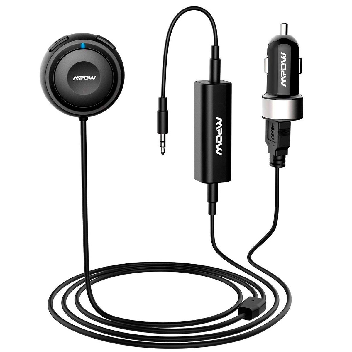 A Bluetooth adapter connects devices via cables, enabling audio playback. It features a control button and is designed for use in vehicles.