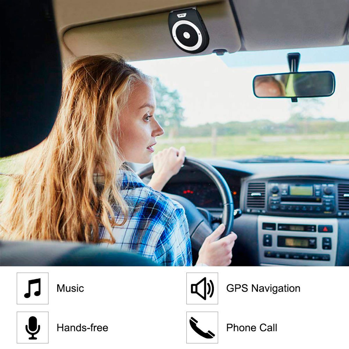 A woman drives a car, holding the steering wheel, while a device mounted above emits sounds for music, GPS navigation, and hands-free calling.