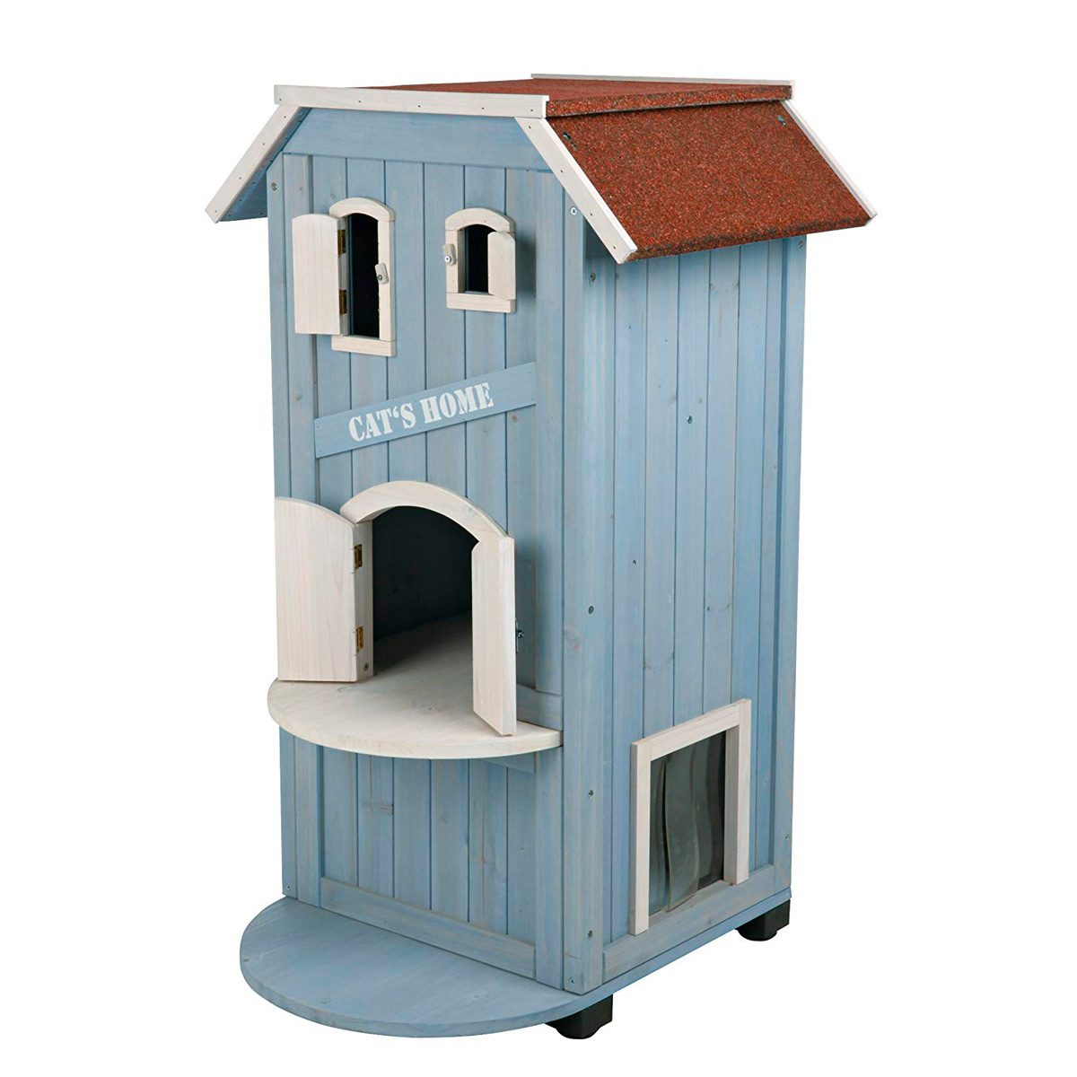 A blue wooden cat house features multiple entry points, a small porch, and a slanted roof, set against a plain background.