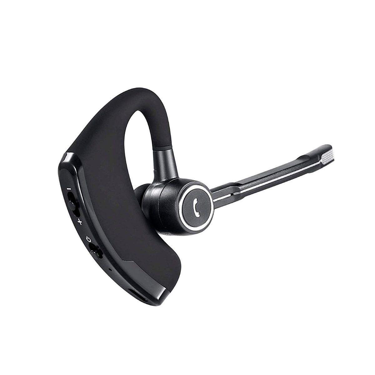A black wireless headset sits at an angle, featuring a curved design, an adjustable microphone arm, and control buttons for audio settings.