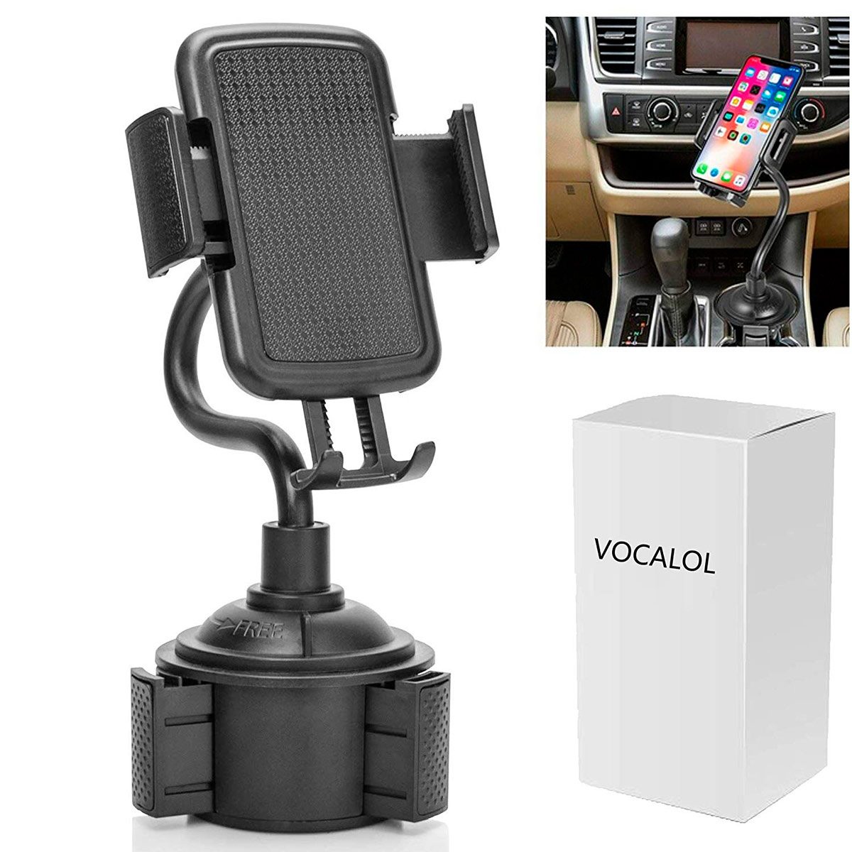 A black car phone mount holds a smartphone securely while attached to a vehicle's console, surrounded by an interior design typical of modern cars.