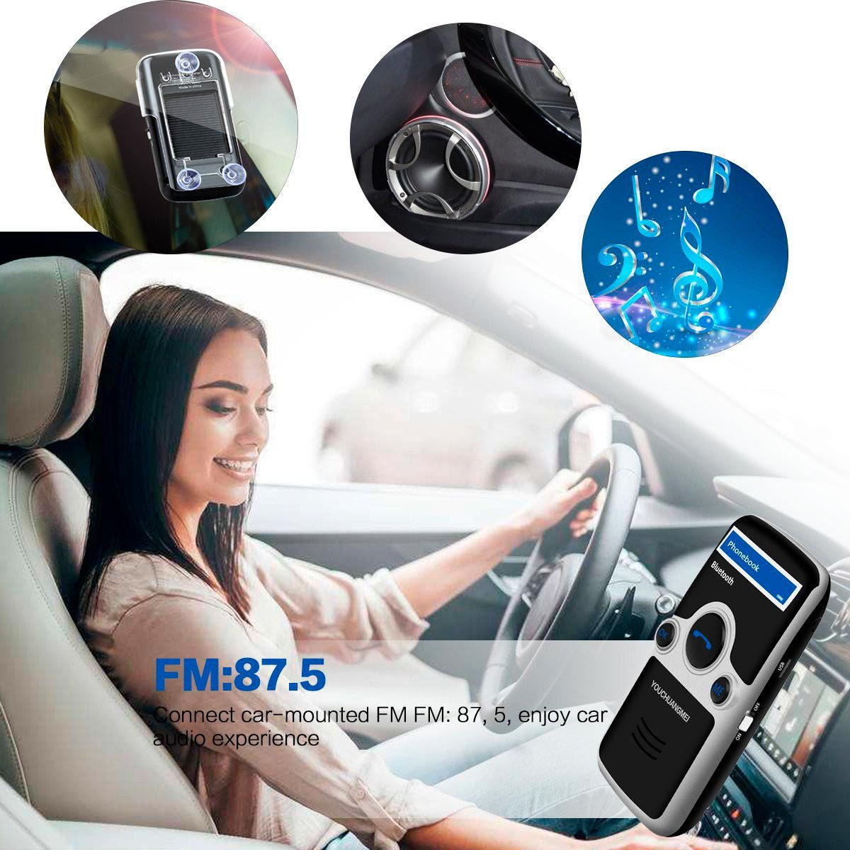 A woman is smiling while driving, adjusting a car-mounted FM transmitter displaying "FM: 87.5" in a modern vehicle interior.
