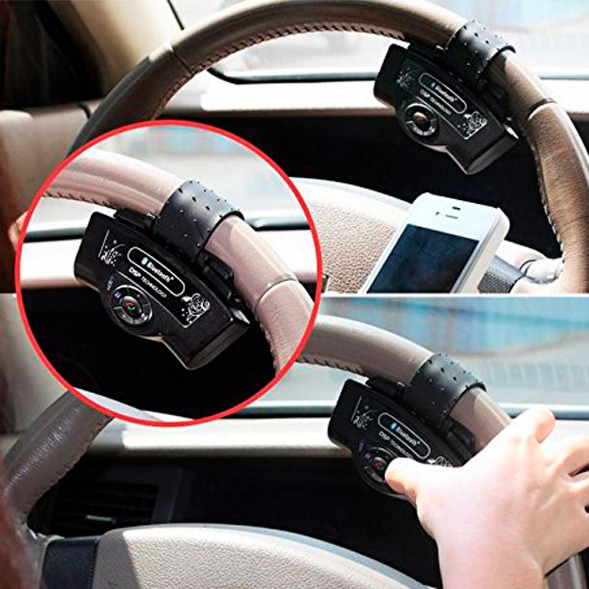 A Bluetooth device is attached to a steering wheel, with a hand adjusting it while a phone rests nearby in a car interior.