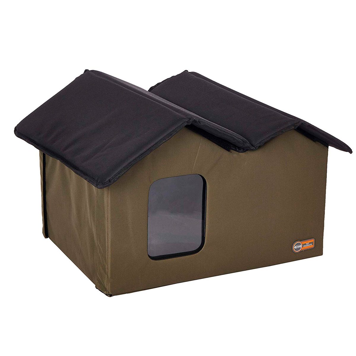 A small, olive-green pet house with a black, peaked roof; it features a window on one side, designed for outdoor use.