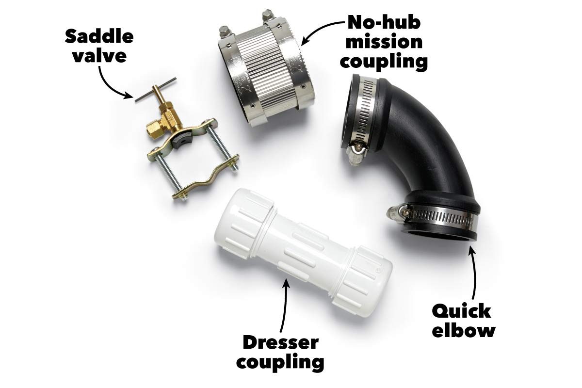 Various plumbing fittings, including a saddle valve, no-hub mission coupling, dresser coupling, and quick elbow, are arranged on a white background.