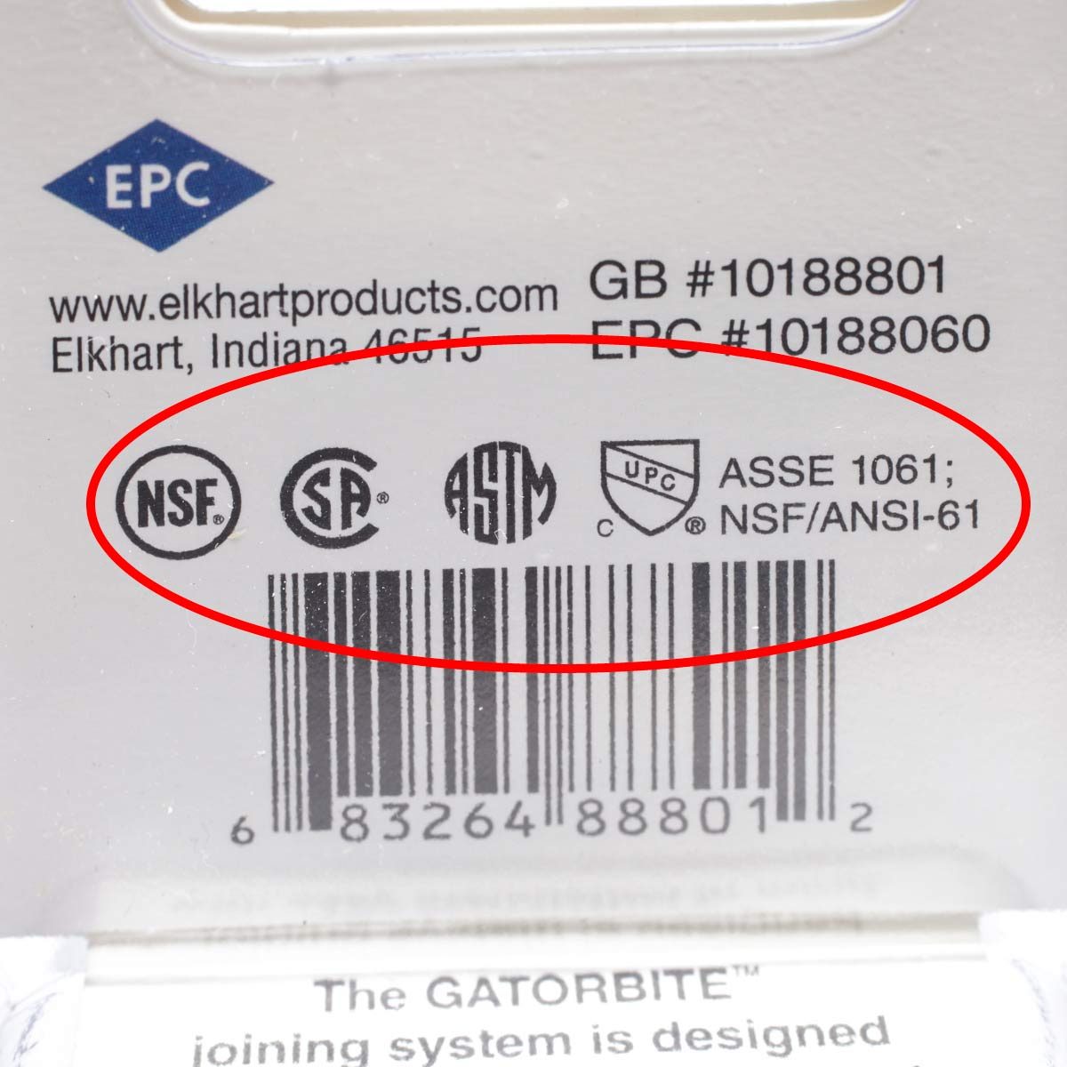 A product label displays certification logos and standards, informing quality assurance and compliance details. Text includes ASSE 1061; NSF/ANSI-61 and various certification symbols.