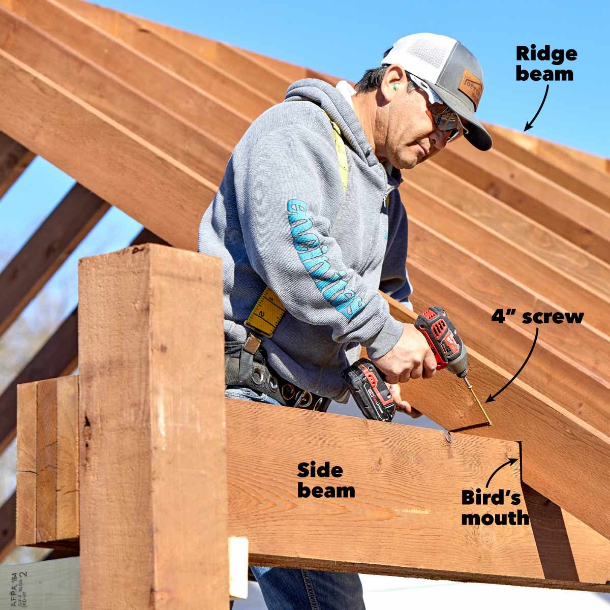 A construction worker uses a power drill to attach a side beam to a ridge beam in a building framework under a clear blue sky.