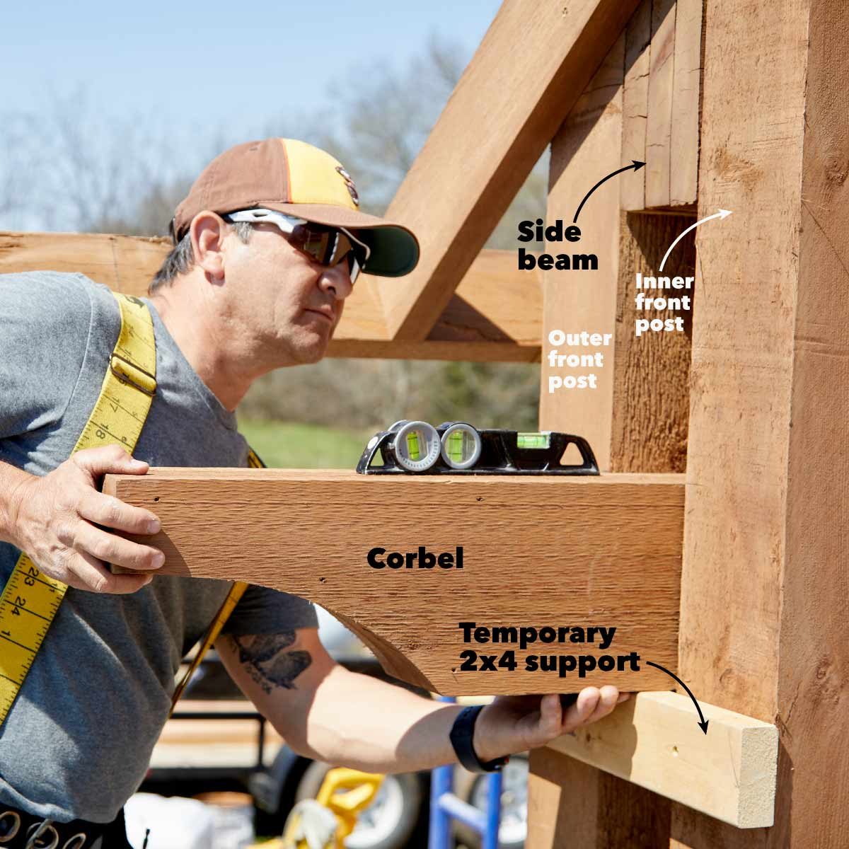 A man using a level is positioning a wooden corbel between posts, ensuring proper alignment during a construction project in a sunny outdoor setting.