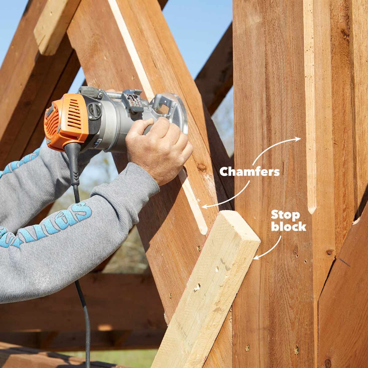 A person operates a router on wooden beams, creating chamfers. A stop block is positioned nearby, with a clear sky in the background.
