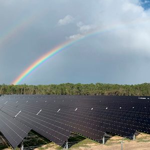 A solar panel field reflects sunlight under a cloudy sky, with a vibrant rainbow arching above, framed by green trees in the background.