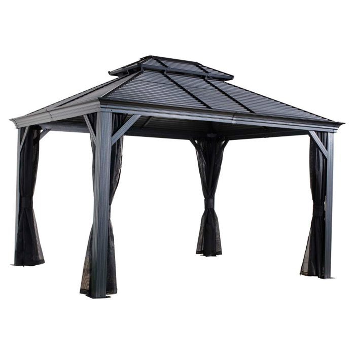 A freestanding gazebo with a peaked roof and sheer black curtains stands empty against a plain background, providing shaded outdoor space.
