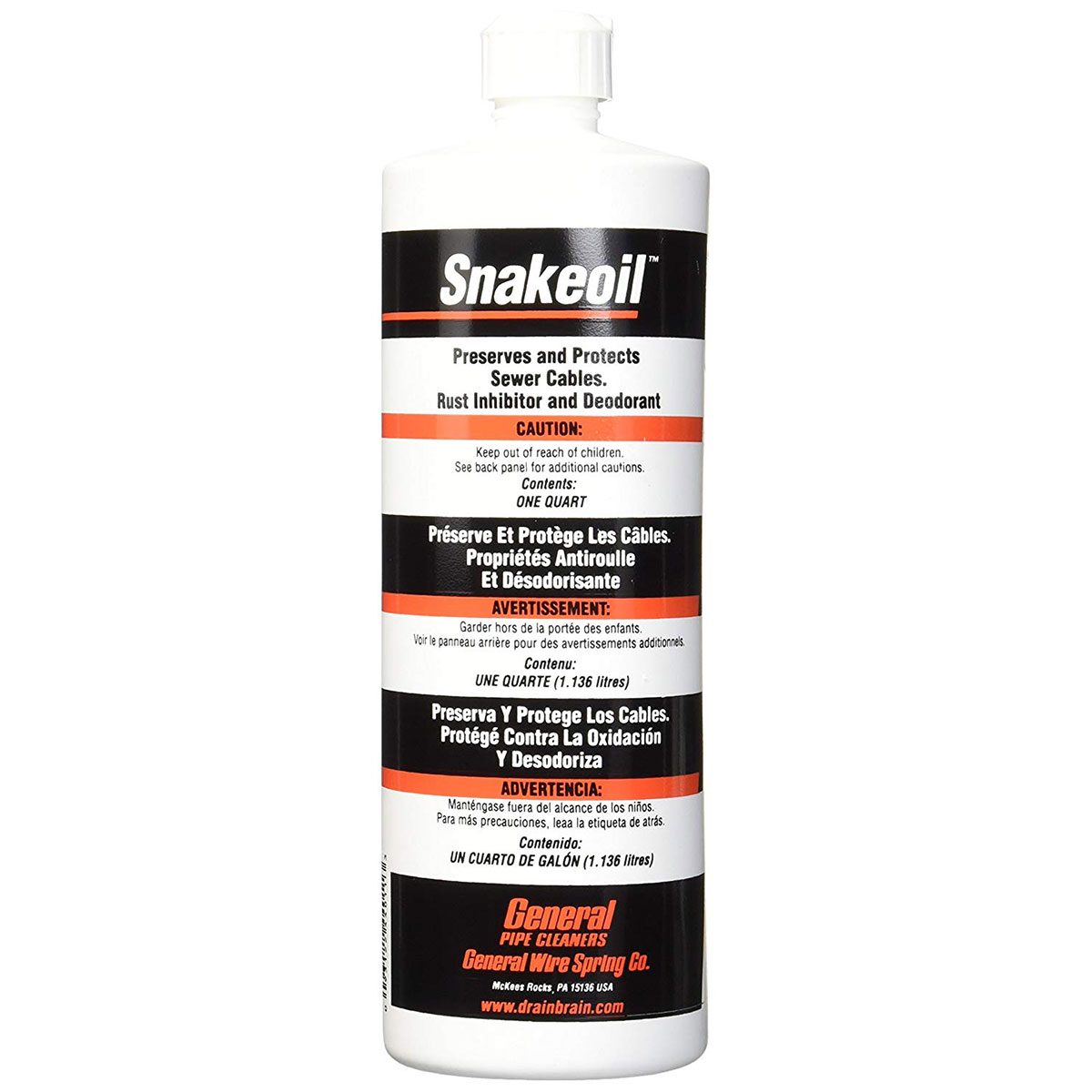 A bottle labeled "Snakeoil" preserves and protects sewer cables. It contains cautionary information in English, French, and Spanish, emphasizing safe handling.