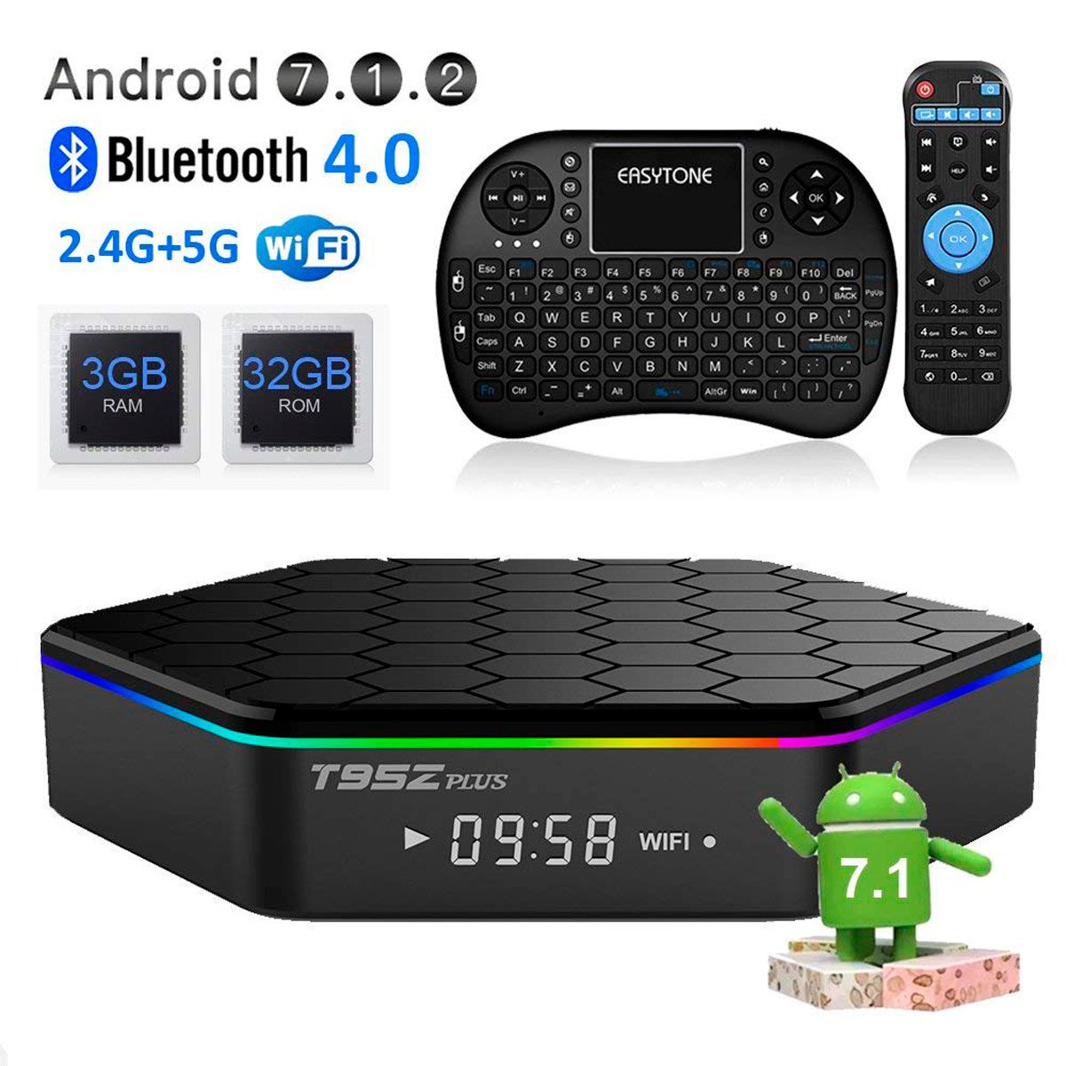 A multimedia streaming device displays time, alongside a remote control and a mini keyboard. It features connectivity options and Android branding, set against a white background.