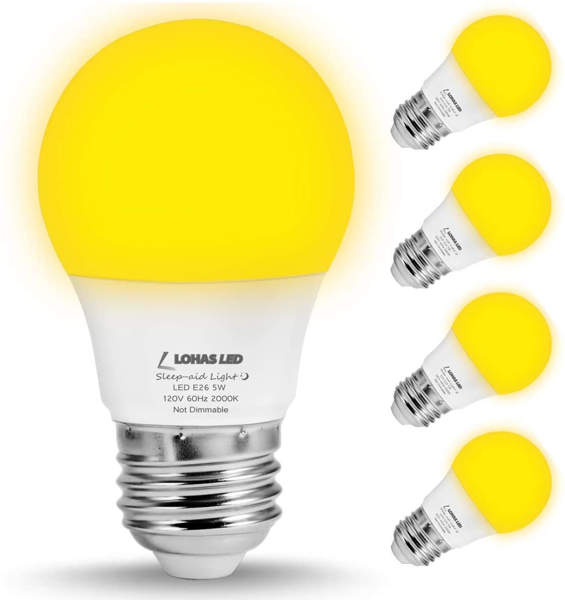 A yellow LED light bulb emits soft light, intended for sleep aid, surrounded by three smaller versions of the same bulb, showcasing its design.