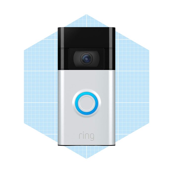 A doorbell camera with a blue button captures video. It is depicted against a light blue grid background, suggesting a modern, tech-oriented design.