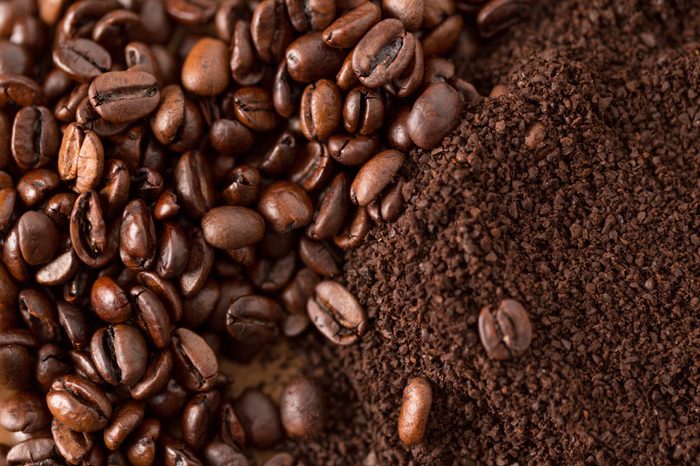 Coffee Beans and Grounds from Above Close Up. coffee beans and grounds close up from above