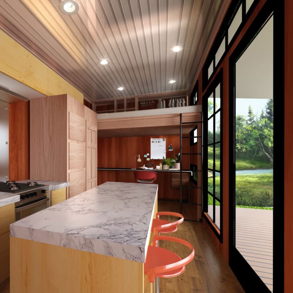 A marble-topped kitchen island stands in a modern kitchen, illuminated by recessed lights, overlooking a scenic outdoor view through large windows.