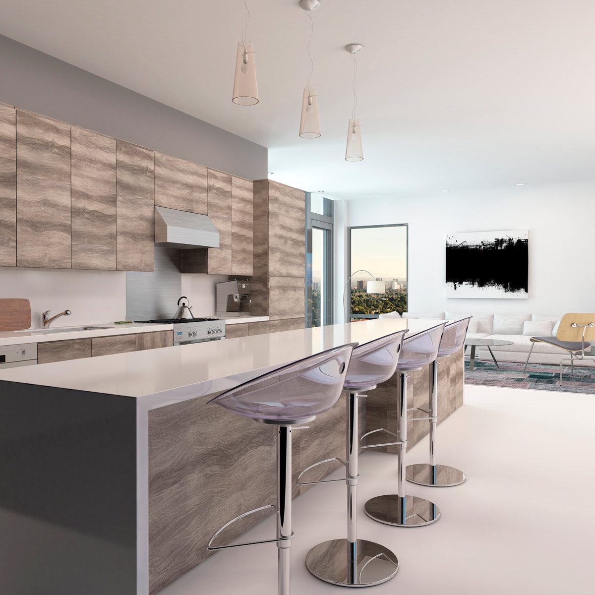 A modern kitchen features a central island with transparent bar stools, sleek cabinetry, and large windows revealing a scenic outdoor view.