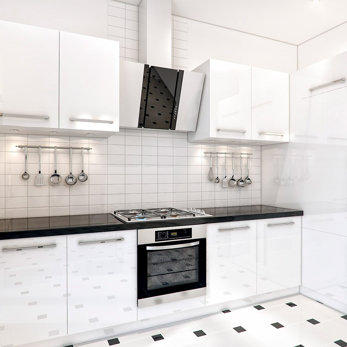 A modern kitchen features white cabinets, a gas stove, and a black countertop. Cooking utensils hang on the wall, surrounded by tiled surfaces.