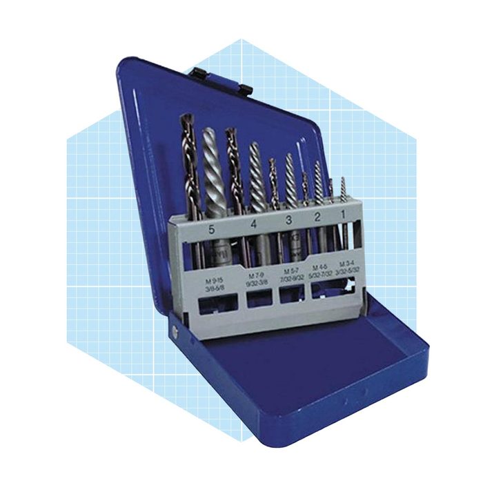 A blue case holds several metal drill bits, organized by size, with labels below each bit. The background features a light grid pattern.