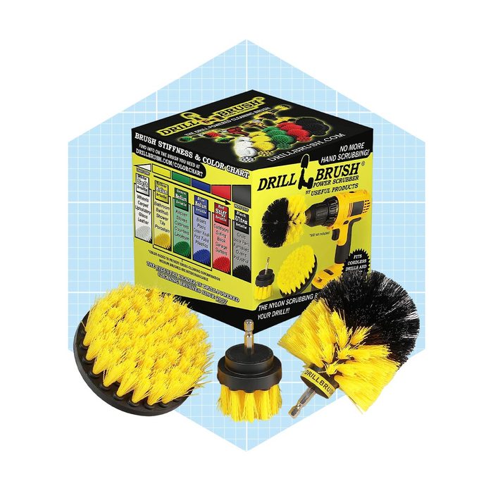 A set of yellow and black scrubbing brushes is displayed alongside a box, promoting their use with a drill for effortless cleaning tasks.