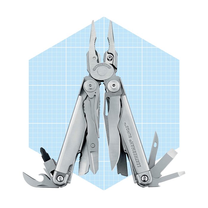 A silver multi-tool features pliers and various blades opened, set against a light blue grid background in a hexagonal shape.