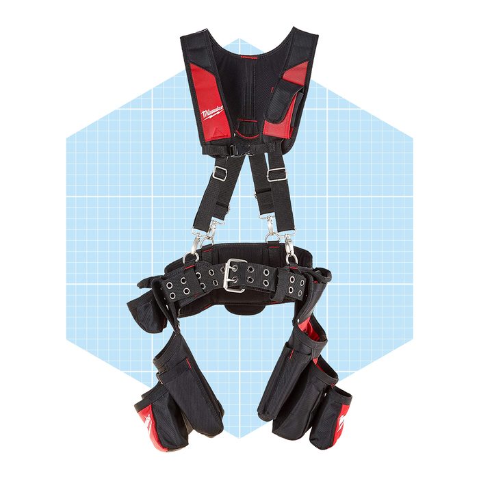 A heavy-duty tool harness is displayed upright, featuring adjustable straps and pockets, set against a light blue grid background.