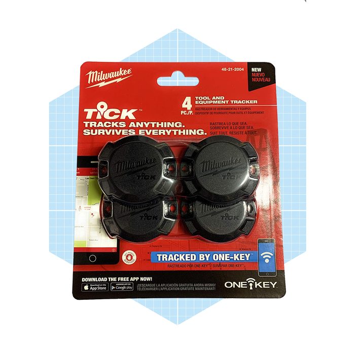 Four black tracking devices are packaged together, indicating they track tools and equipment, set against a red background with branding and app download instructions.