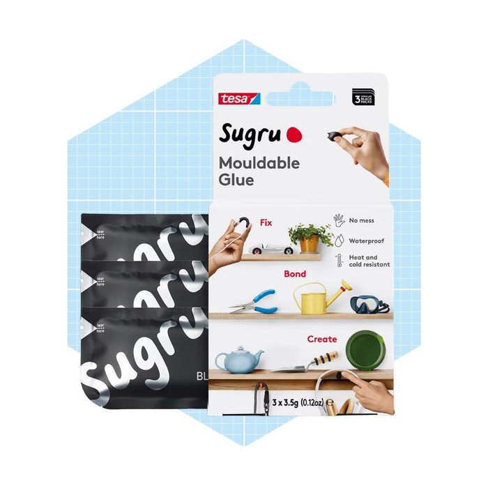 Three packets of Sugru mouldable glue are displayed with text highlighting its uses: fix, bond, and create. The background features a blue grid pattern.