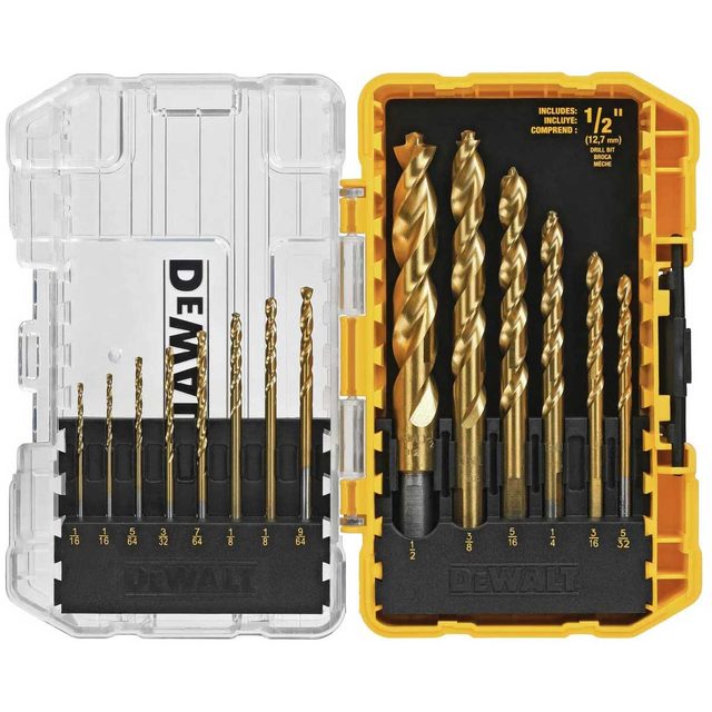 A plastic storage case holds various gold-colored drill bits arranged neatly, labeled by size, resting against a dark background.