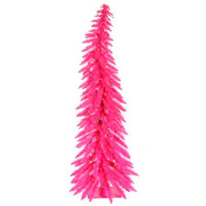 A tall, vibrant pink artificial tree stands upright, surrounded by a plain white background, showcasing its bushy, feather-like branches.