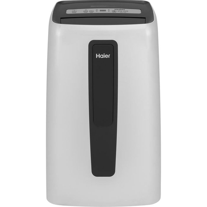 A portable air conditioner stands upright, featuring a sleek white body with a black control panel, designed to cool indoor spaces.
