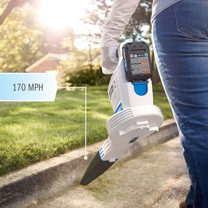 A person holds a handheld leaf blower, preparing to use it on grass. It advertises a blowing speed of 170 MPH in a sunny outdoor setting.