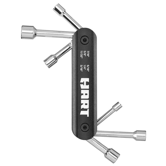A multi-tool featuring various socket sizes extends from a central black handle, designed for automotive or mechanical tasks in a workshop setting.