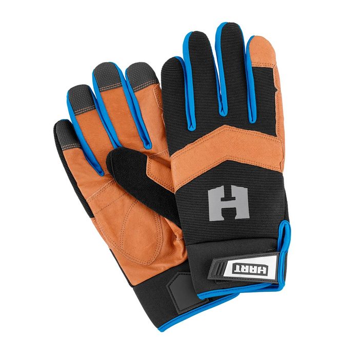 Gloves with brown leather palms and black fabric backs are positioned flat. They feature blue accents and a logo, suggesting durable work or outdoor use.