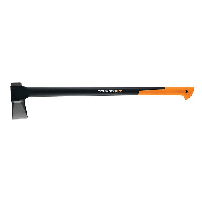 A black and orange axe rests horizontally, designed for chopping wood, showcasing a sharp blade and a long handle for grip and leverage.