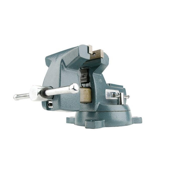A metallic vice secures objects tightly as a handle turns for clamping, placed on a flat surface against a plain white background.