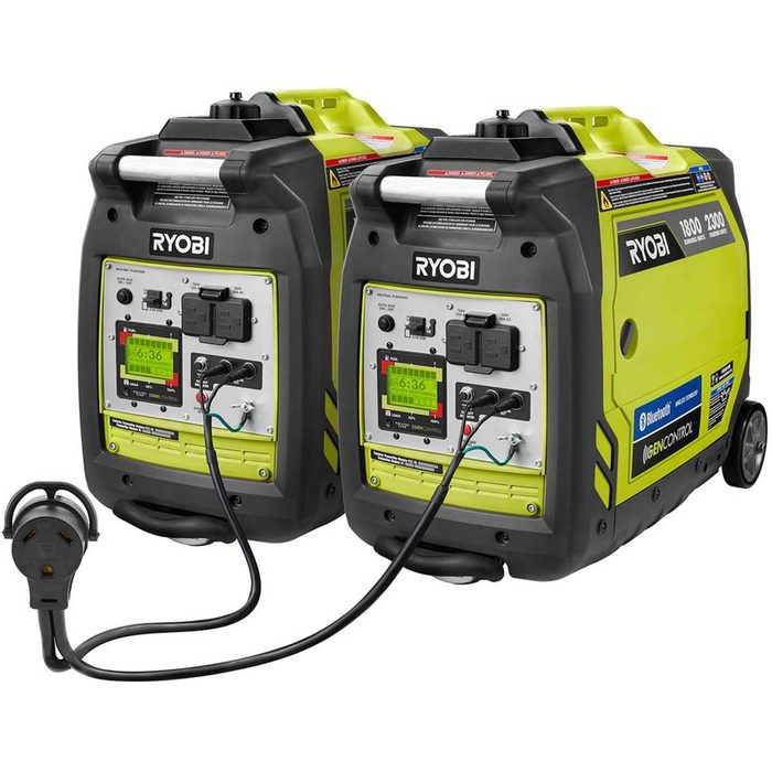 Two Ryobi generators are connected via a power cord, displaying controls and screens. They are designed for portable power supply in outdoor or emergency settings.
