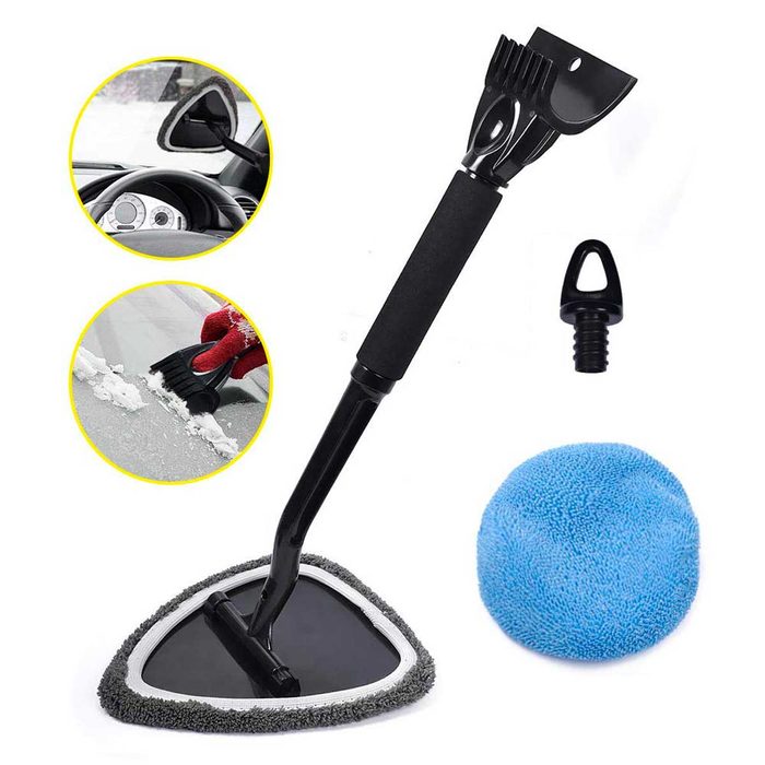 A triangular snow scraper with a long handle is designed for removing snow from windshields, accompanied by a blue microfiber cloth for drying.