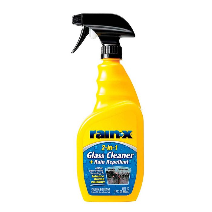A yellow bottle of Rain-X glass cleaner with a trigger sprayer cleans and repels rain, designed to enhance driving visibility.