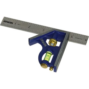 A blue and silver combination square measures angles while incorporating a small bubble level for precise alignment on a flat surface.