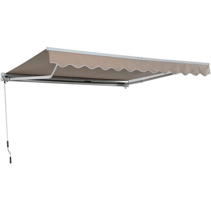 A retractable awning extends outward, providing shade. It features a cream-colored fabric with a wavy edge, mounted on a silver framework.