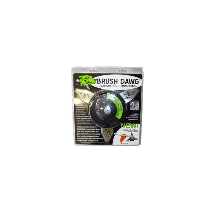 A trimmer head with dual blades is displayed in packaging, promoting its versatility for cutting various vegetation and heavy brush in landscaping.