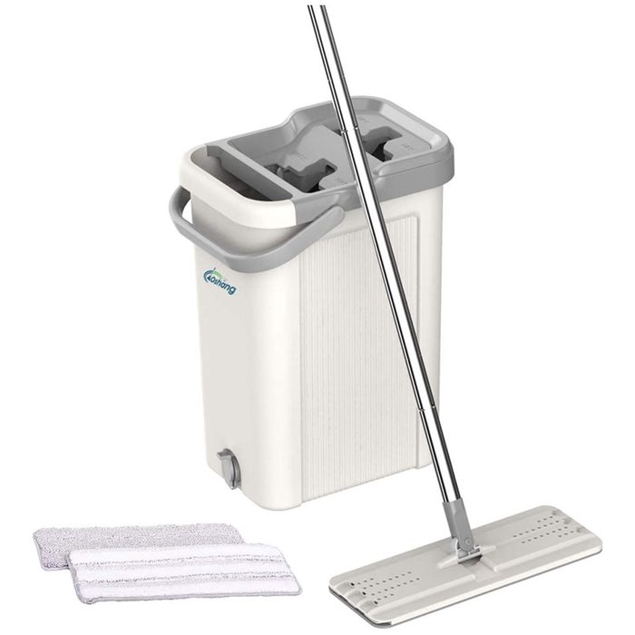 A mop bucket with a handle and two compartments is positioned beside a mop and two cleaning pads. The context suggests a cleaning setup.