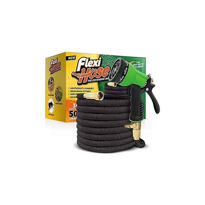 A black expandable garden hose coils beside a green spray nozzle, positioned in front of a colorful box labeled 