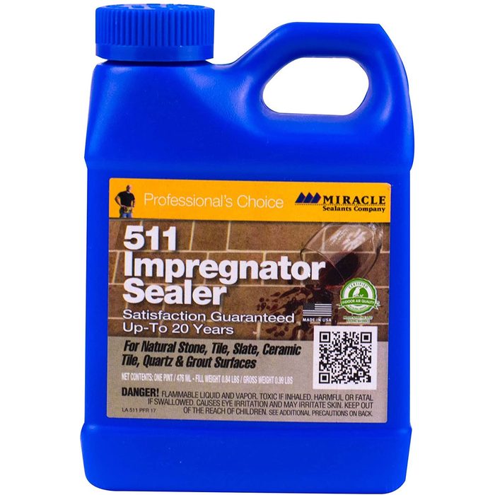 A blue bottle of 511 Impregnator Sealer is displayed, indicating use for sealing natural stone and tile surfaces. Text warns of flammability and toxicity.