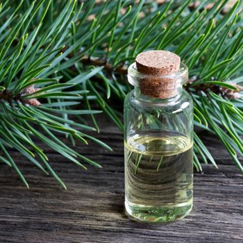 A glass vial with a cork lid contains a clear liquid, placed on a wooden surface surrounded by green pine needles.